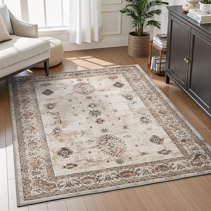 AMOAMI-Vintage Area Rug 3x5 Brown Rugs for Living Room-Soft Washable Rug Non Slip Entryway Rug Indoor Vintage Throw Accent for Bedroom Laundry Room Dining Bathroom Bedside