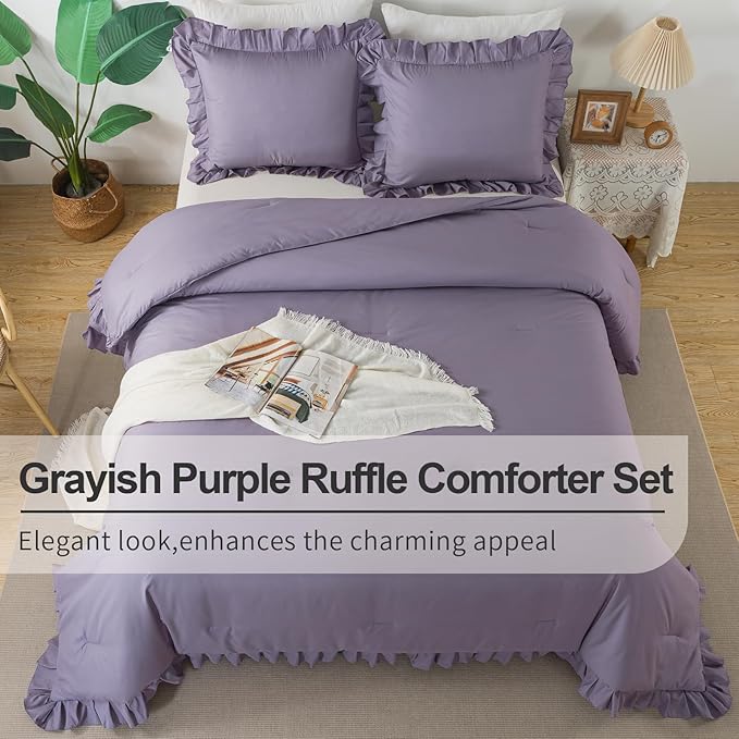 Andency California King Comforter Sets Grayish Purple (104x96Inch), 3 Pieces Cal King Ruffle Comforter, Oversized Farmhouse Shabby Chic Bed Comforter, Lightweight Soft Microfiber Bedding Set