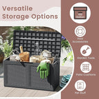 RELAX4LIFE 100-Gallon Resin Deck Box - Waterproof Outdoor Storage Box Container w/Lockable Lid & Wheels, Faux Rattan Porch Bench for Patio Furniture Cushions, Pool Accessories, Garden Tools (Grey)