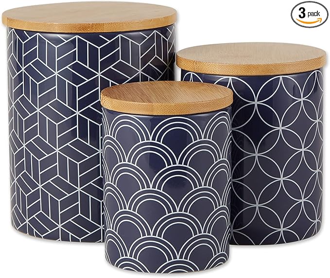 DII Kitchen Ceramics Collection, Canister Set, Mixed Print, Nautical Blue, 3 Piece
