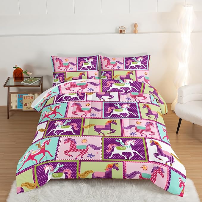 HOSIMA 3Pcs Kawaii Kids Horse Comforter Set with 2 Pillowcases,Colorful Dots Style Full Size Bed in a Bag Set for Adults Teens Princess Toddler Bedding Set,Horse Pony Full Size Comforter Sets.