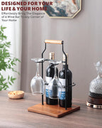 Countertop Wine Rack and Glass Holder | Portable Wine Caddy Holds 2 Bottles & 2 Glasses | Small Wine Rack with Wood Base, Perfect for Tabletop Wine Storage & Home Bar Decor (Black)