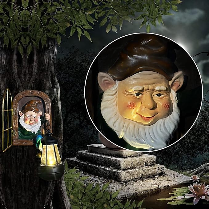 Fairy Garden Statues Gnomes Solar Lantern - Halloween Elf Out The Door Tree Hugger Figurines Fence Wall Yard Art Home Decor Outdoor Tree Face Sculpture, Ideal Thanksgiving Decorations