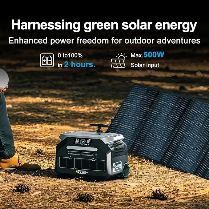 IEE P2400 Portable Power Station with 1x500W Solar Panel,2400W AC Outlet(Peak 5000W),1800W 1.2H Fast Charge,2048WH Lifepo4 Battery,5-8MS EPS Switch Below 30DB Solar Power Generator for Home Backup,RV.
