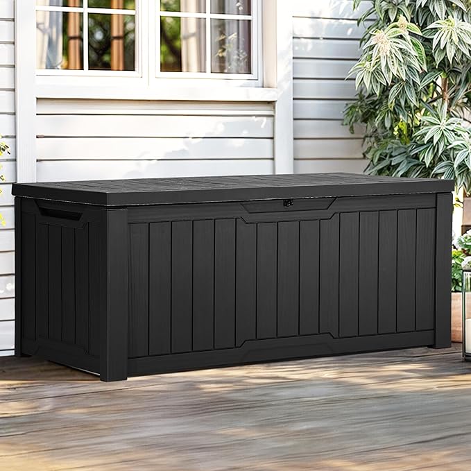 YITAHOME Outdoor Storage Box, 120 Gallon Waterproof Deck Box for Garden Tools, Patio Cushions, and Pool Accessories, Lockable, Easy Assembly, Versatile Bench or Table (Black)