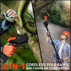 2-IN-1 Cordless Pole Saw & 8" Mini Chainsaw Battery Powered, Electric Pole Saws for Tree Trimming with 2 x 21V Batteries, Auto Oiling, 13.5 FT Max Reach, Handheld Chainsaw & Pole Saw Combo