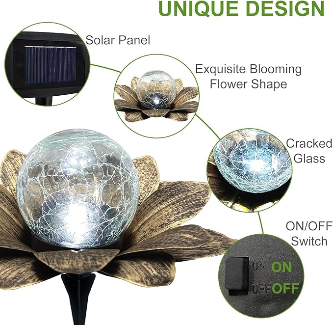 LEWIS&WAYNE Solar Garden Lights Outdoor, 3 Pcs Coppery Lotus Flower Pathway Lamps with Cool White Crackle Glass Globe Led Lights for Patio Pathway Yard Balcony Garden Decorations
