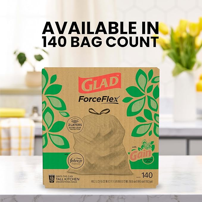 Glad ForceFlex Tall Kitchen Trash Bags, 13 Gallon, Gain Original, 140 Count (Package May Vary)