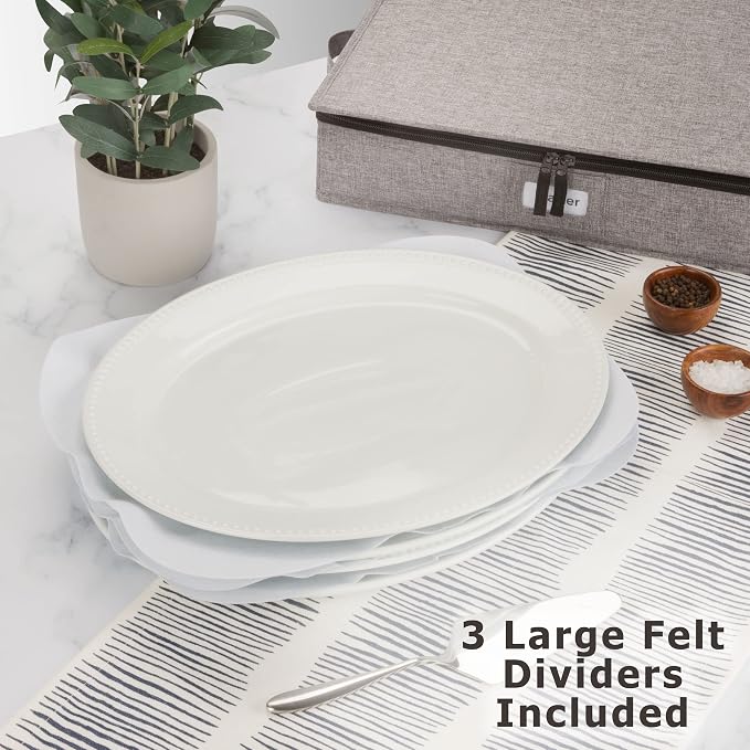 Platter Storage Case - Hard Shell and Stackable with Padded Interior - Fits 4 Serving Platters - 3 Large Felt Dividers Included - 17"W x 13"D x 4"H - China Storage Containers for Plates