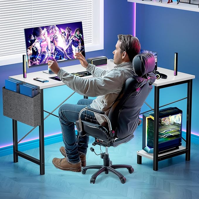 DUMOS Wood Computer Desk PC Gaming Table with Side Storage Bag for Home Office Small Spaces, White, 50 Inch