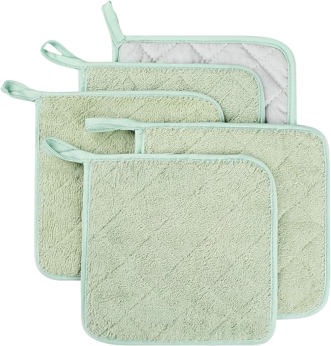 100% Cotton Kitchen Everyday Basic Terry Pot Holder Heat Resistant Coaster Potholder for Cooking and Baking Set of 5 Mint Green