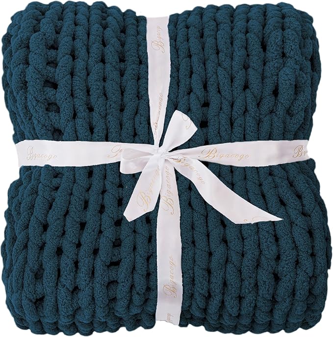 Bigacogo Chunky Knit Throw Blanket for Couch, 40x40 inches, 100% Hand Knitted with Thick Jumbo Chenille Yarn, Cozy Soft Large Rope Knot Cable Crochet Blankets for Sofa Bed Living Room, Deep Sea Blue