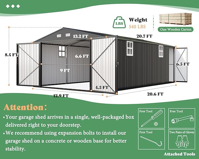 AMERLIFE 13x21x8.4 FT Outdoor Metal Garage Shed, Extra Large Storage Shed with Double Hinged Doors & 4 Windows, Carport for Car, Truck, Bicycle and Equipment Storage, Dark Gray