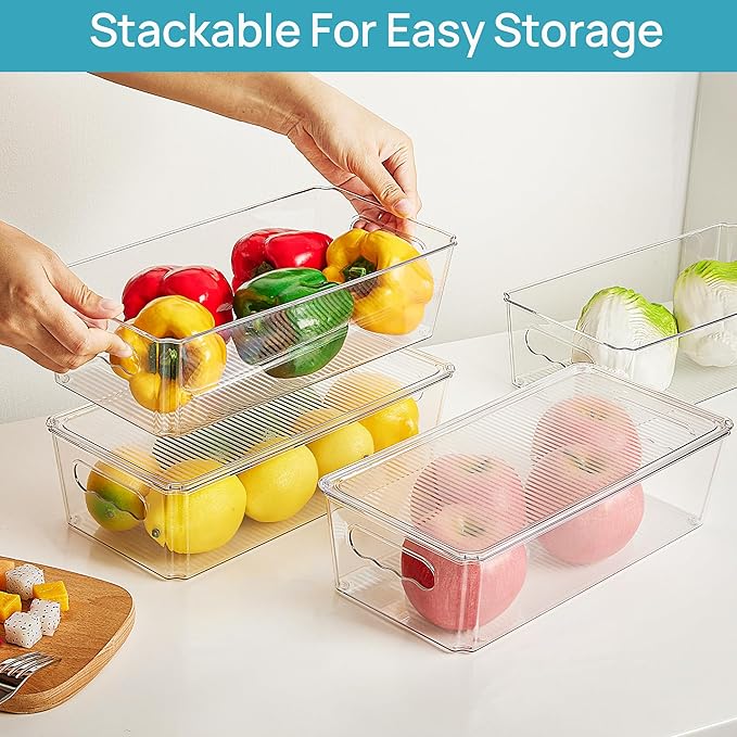 Vtopmart 12pcs Clear Organizers and Storage Bins with Lids, Stackable Plastic Storage Containers with Handles for Fridge, Freezer, Pantry, Cabinet, Kitchen Organization