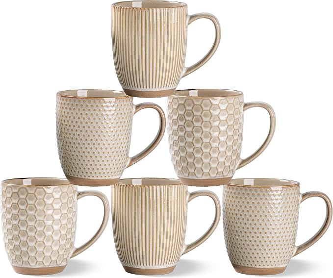 GBhome Large Coffee Mugs Set of 6, 16oz Handmade Embossed Coffee Mugs Set with Large Handle for Cappuccino/Latte/Tea/Hot Cocoa, Dishwasher & Microwave Safe, Khaki