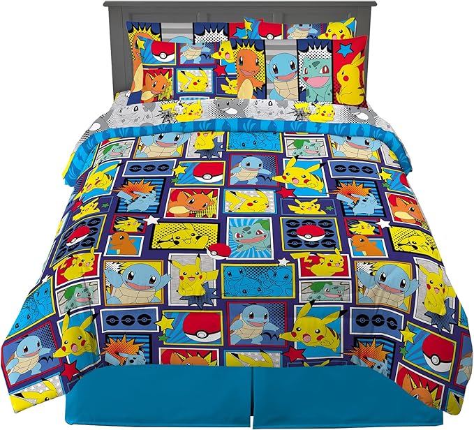 Franco Kids Bedding Super Soft Comforter and Sheet Set with Sham, 7 Piece Full Size, Pokemon
