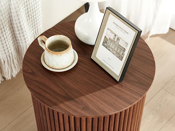 AVZEAR Fluted Round Side Table Small Mid Century End Table, 17.7" Fluted Nightstands Modern Circle Bedside Tables, Wood Night Stand for Small Spaces, Living Room, Bedroom (Rustic Walnut)