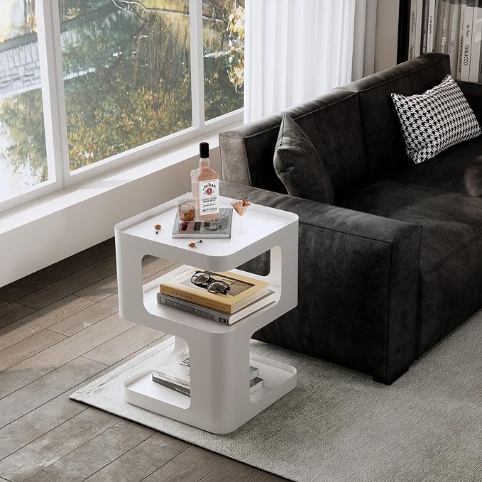 Modern Side Table,White end Table,Unique nightstand,Bedside Table,Metal 3-Tier Night Stand with Storage,Accent Side Table for Couch,Bedroom,Living Room.No Assembly Required.