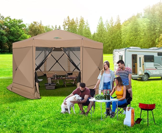 COBIZI 15x15ft Extra Large Pop Up Gazebo Canopy Tent with Mosquito Netting, Spacious Easy Set-Up Screened Shelter, Durable Outdoor Pavilion with Ground Stakes, Perfect for Patio, Backyard, Khaki