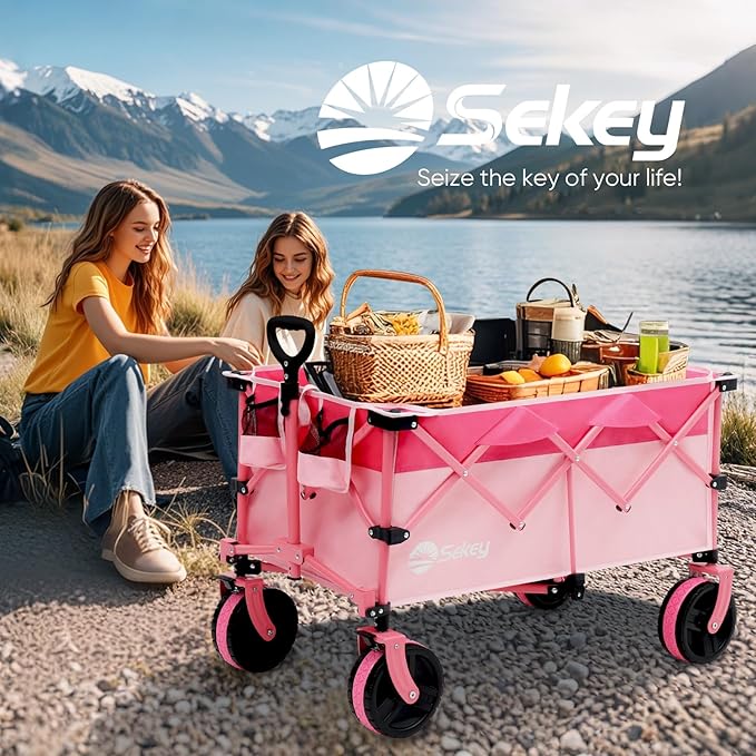 Sekey 220L Collapsible Foldable Wagon with 330lbs Weight Capacity, Heavy Duty Folding Utility Garden Cart with Big All-Terrain Beach Wheels & Drink Holders.Pink