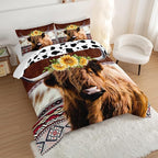 HOSIMA Highland Cow Decor Comforter with 2 Pillowcases,Animal Theme Western Bedding Sets Queen,Brown Cowhide Black White Cow Print Comforter Set for Adults Kids,Sunflower Comforter.