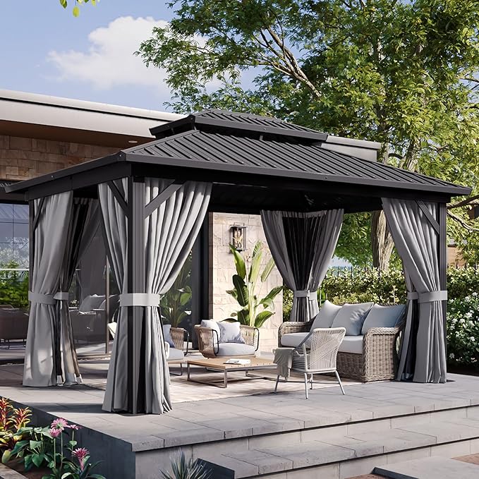 Aoxun 10' X 14' Hardtop Gazebo, Aluminum Metal Outdoor Gazebo with Galvanized Steel Double Roof, Permanent Patio Pavilion with Breathable Netting and Curtains for Dining, Wedding, Party