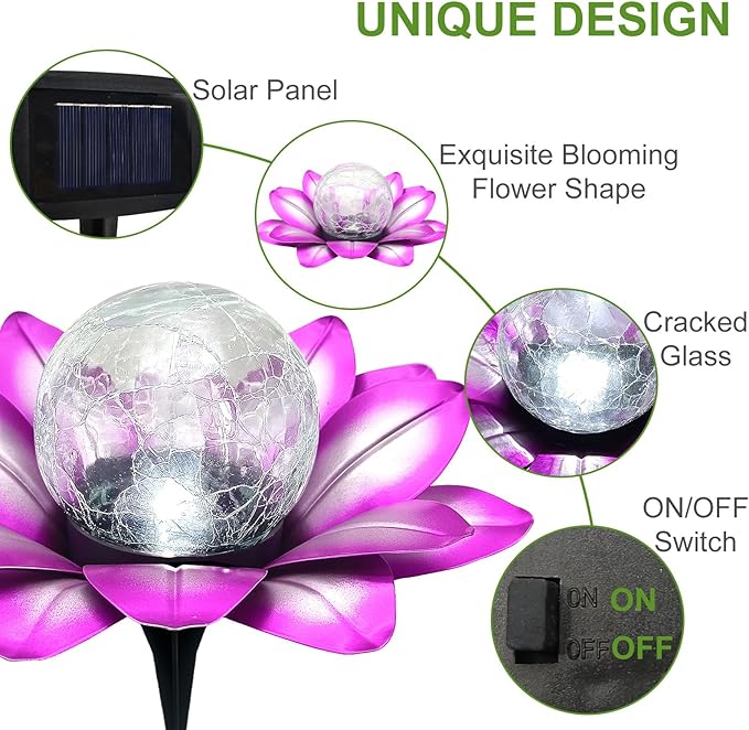 LEWIS&WAYNE Solar Garden Lights Outdoor, 3 Pcs Purple Lotus Flower Pathway Lamps with Cool White Crackle Glass Globe Led Lights for Patio Pathway Yard Balcony Garden Decorations