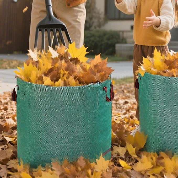 Hugeleaf Reusable Leaf Bags 42 Gallon with Reinforced Handles, 3 Pack Collapsible Lawn Bags with Plastic Hoops, Stand Up Yard Waste Bin for Leaves, Lawn Debris Collection
