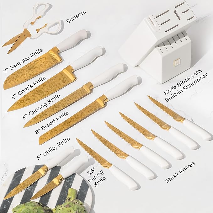 Styled Settings White and Gold Knife Set with Elegant Floral Pattern, 14-PC | Golden Titanium-Coated Stainless Steel Gold Knives with Block, Ultra-Sharp, Durable Kitchen Knife Block Set