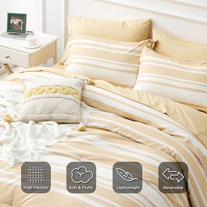 Bedsure Bed in a Bag Twin Size 5-Piece Yellow White Striped Bedding Comforter Sets All Season Bed Set with 1 Pillow Sham, Flat Sheet, Fitted Sheet and 1 Pillowcase