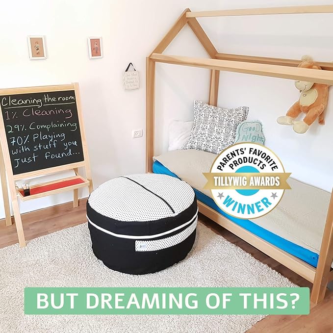 2 Sizes in 1 Stuffed Animal Storage Bean Bag Chair Cover for Kids & Adults | Washable XL Stuffie Seat | 100% Cotton | Pouf Organizer for Plush Toys, Linens, Quilts & Pillows | Black & White