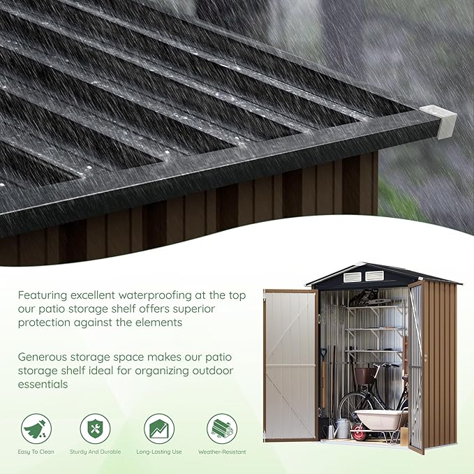 3X5FT Outdoor Steel Storage Shed with Lockable Doors, One Window,Ideal for Garden, Backyard, Patio Storage,Brown
