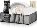 Paper Plate Organizer for Countertop, Black | Silverware Caddy with 6 Compartments for Cup, Napkin, Utensil Holder Caddy for Party, Camping, Picnic