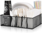 Paper Plate Organizer for Countertop, Black | Silverware Caddy with 6 Compartments for Cup, Napkin, Utensil Holder Caddy for Party, Camping, Picnic