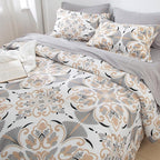 EMME Queen Comforter Set - Grey White Floral Bedding Set 7 PCS with Geometric Flowers Pattern, Soft Plant Printed Botanical Bed Set with Sheets, Fluffy Bed Bag for All Season(90"X90")