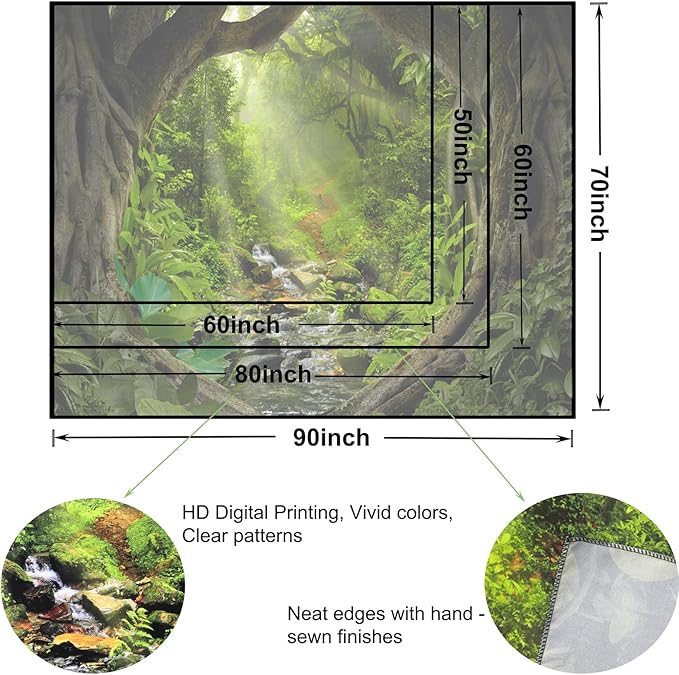 Misty Forest Tree Cave Tapestry Nature Green Tapestry Enchanted Rainforest Tropical Jungle Sunshine Flowing Stream Landscape Wall Tapestries for Living Room Bedroom Dorm Office (50" × 60")