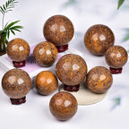 JIC Gem Real Natural Large Crystal Sphere Ball with Wooden Stand for Fengshui Golden Jade Healing Crystal Ball Decoation Meditation Energy Reiki Ball (100-110mm), 4-4.5inch
