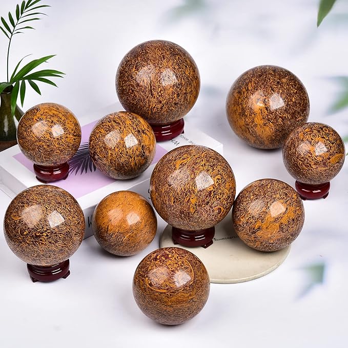 JIC Gem Real Natural Large Crystal Sphere Ball with Wooden Stand for Fengshui Golden Jade Healing Crystal Ball Decoation Meditation Energy Reiki Ball (100-110mm), 4-4.5inch