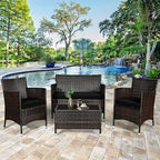 Goplus 4-Piece Rattan Patio Set, Outdoor/Indoor Wicker Conversation Set for Pool, Backyard, Lawn, Wicker Chairs and Sofa with Soft Cushion, Rattan Furniture with Tempered Glass Coffee Table
