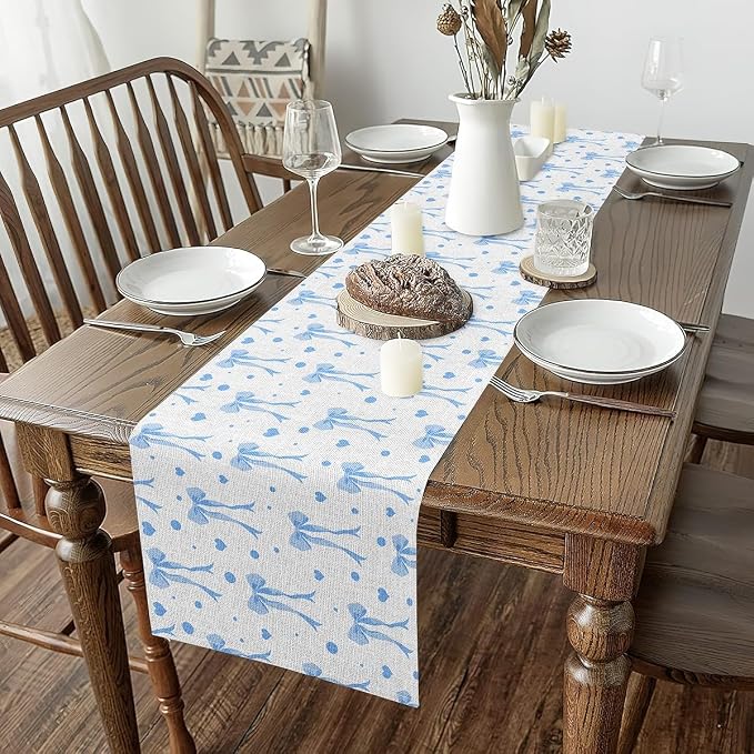 Coquette Bows Table Runner 13" x 120" Blue Watercolor Bow Kitchen Dining Table Decor for Home Party Sweetheart Home Decor for Living Room Dresser Scarfs Dresser Runners Cute Bowknot Table Decoration