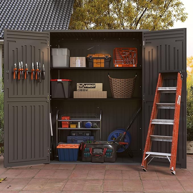Vertical Resin Storage Shed with 2 Shelves, 60 Cuft Garden Tool Sheds & Outdoor Storage, Plastic Outdoor Storage Cabinet Waterproof, 4.5 x 2.3 ft Backyard Outside Lawn Mower Storage Shed, Grey