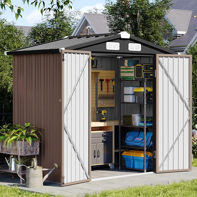 Aoxun 6x3.9 FT Shed Metal Outdoor Storage Shed Garden Shed with Lockable Doors Tool Shed Bike Shed for Backyard, Patio, Poolside (Brown)