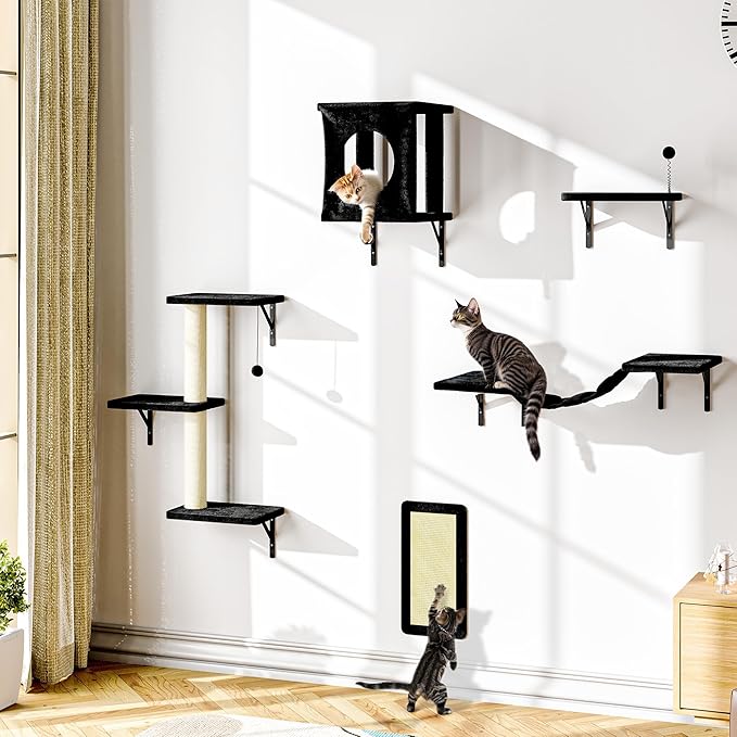 10 Pcs Cat Wall Shelves Set, Wall-Mounted Climber with Cat House, Scratching Post, Bridge, Hammock, Space-Saving Play Furniture, Black