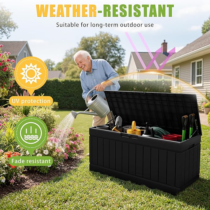 Greesum 82 Gallon Resin Deck Box Large Outdoor Storage for Patio Furniture, Garden Tools, Pool Supplies, Weatherproof and UV Resistant, Lockable, Black