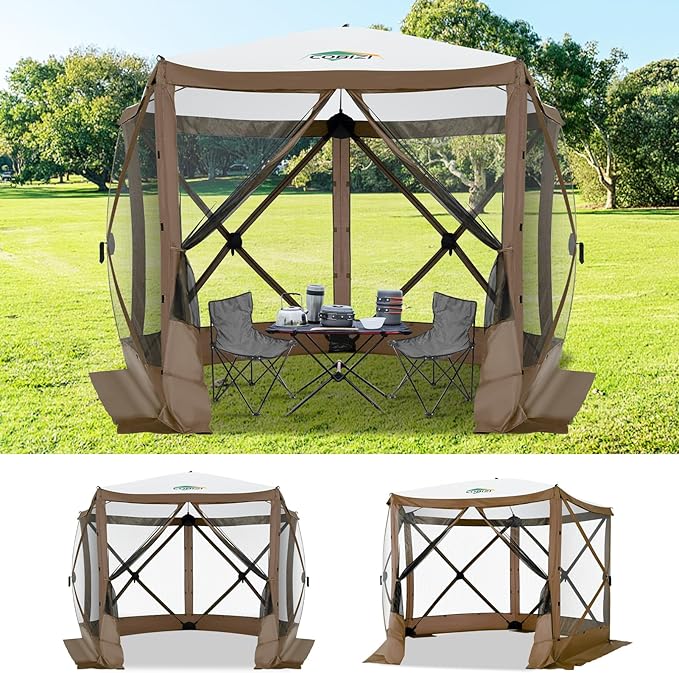 COBIZI 10x10ft Pop up Gazebo Screen House Tent for Camping, Pop-up Camping Canopy with Mesh Windows,Portable Outdoor Quick-Set Hub Tent with Carrying Bag&Ground Stakes,Brown(Upgraded 2.0)