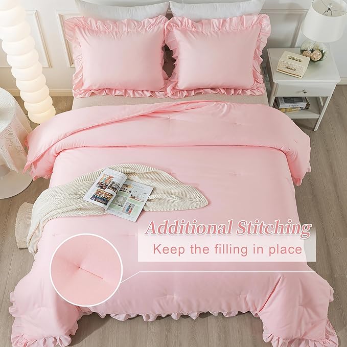 Andency Pink Ruffle Comforter Set Twin, 2 Pieces Kids Comforter Set Twin(66x90Inch), Lightweight Soft Girls Shabby Chic Bedding Comforter Set All Season Bed Set