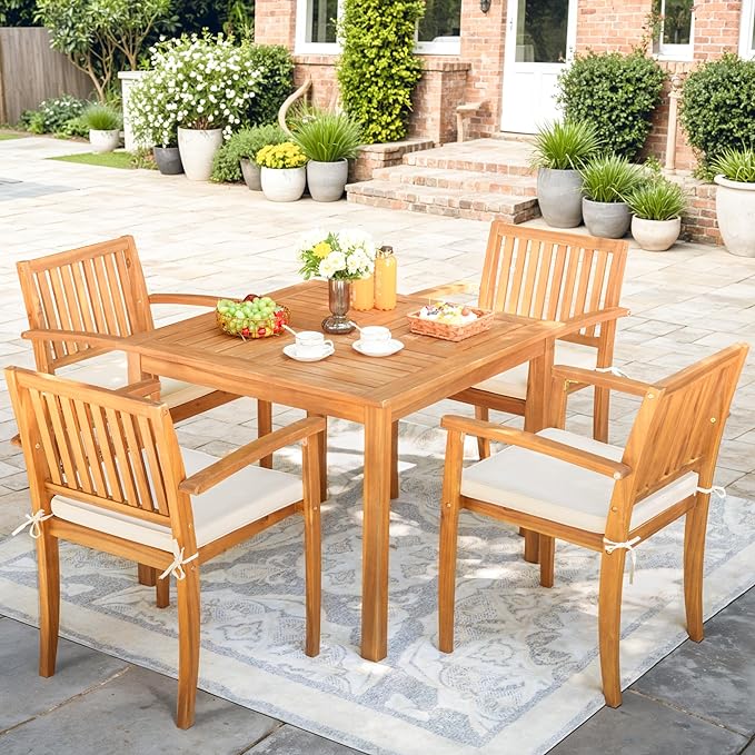 Greesum 5 Piece Patio Dining Set Outdoor Solid Wood Furniture for Yard, Garden, Porch w/Square Tabletop & 4 Chairs, White