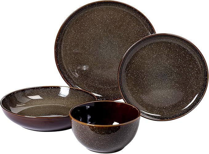 Gibson Elite Edwina 16-Piece Double Bowl Dinnerware Set, Service for 4 – Dark Green Stoneware Plates and Bowls