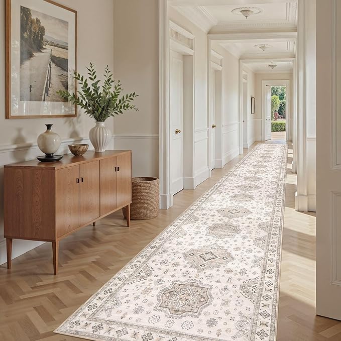 Washable 3x20 Runner Rug - Area Rugs Neutral Vintage Distressed Floral Farmhouse Boho Large Soft Floor Rug Indoor Carpet for Hallway Entryway Home - Beige Brown