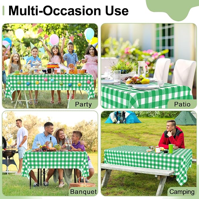 4 Packs Buffalo Disposable Table Cloth, 54 x 108 Inch Waterproof Plastic Tablecloth, Rectangle Green and White Checkered Table Covers for Picnic, Birthday, Party, Back to School